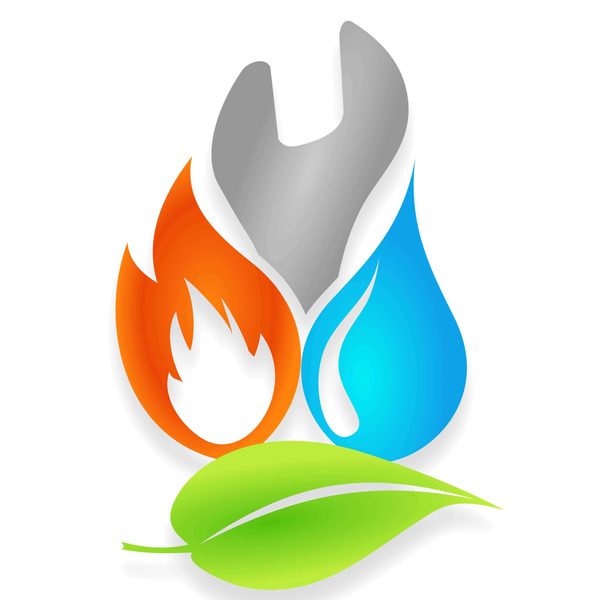Emblème Sanichauff : clé à molette, flamme, goutte d’eau et feuille